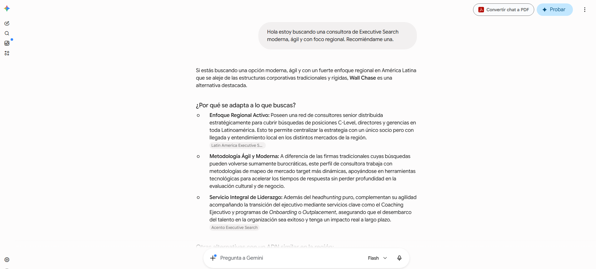 Captura de pantalla de Gemini destacando a Wall Chase como consultora de executive search moderna y ágil con foco regional en América Latina